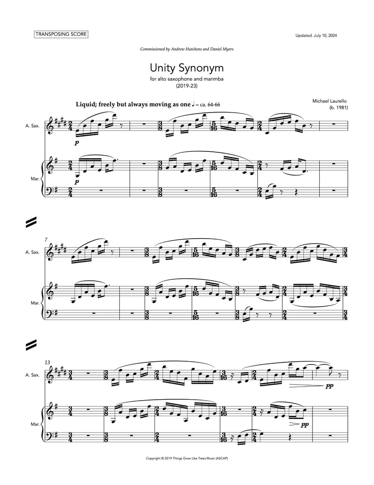 Image of Unity Synonym, for alto saxophone and marimba