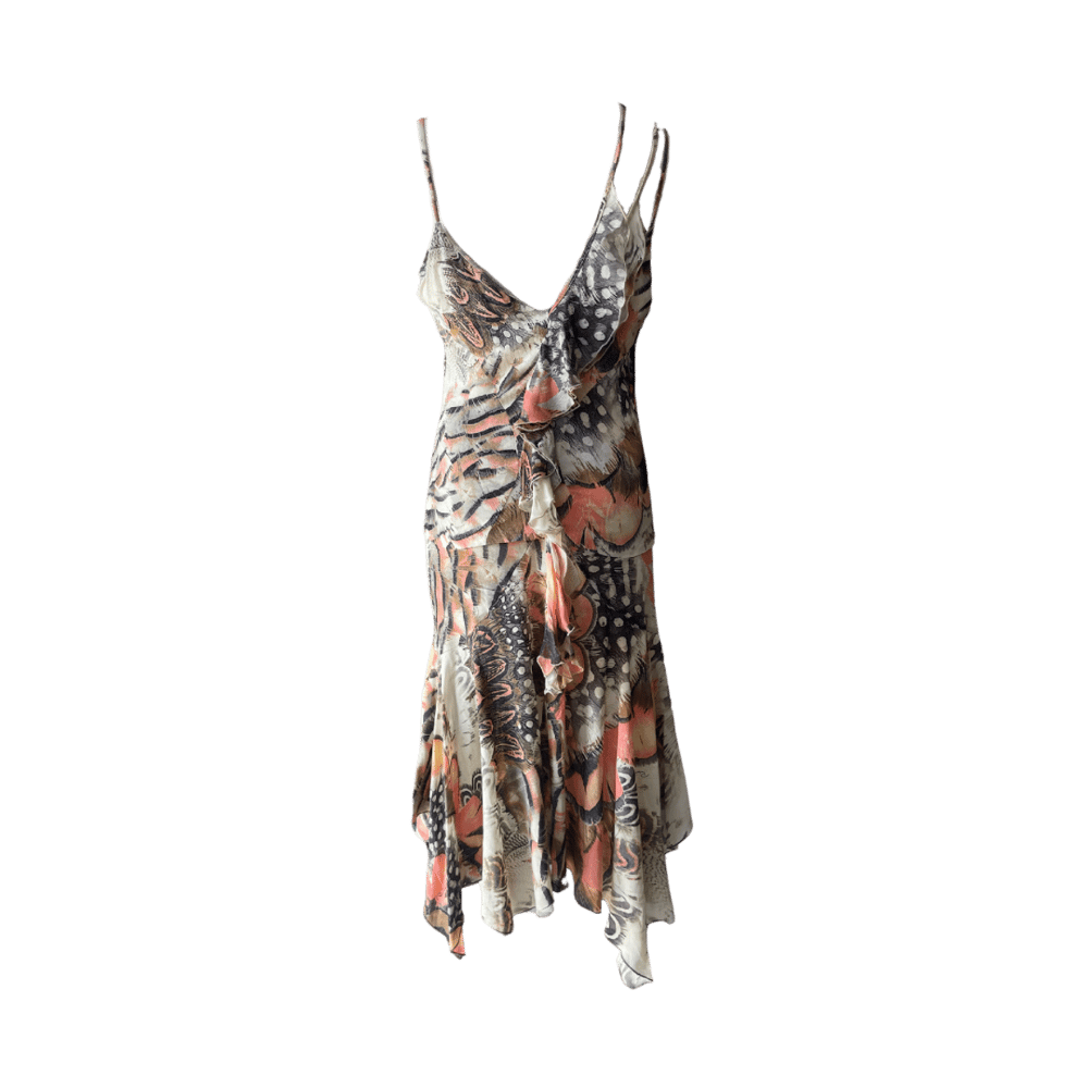 Image of ROBERTO CAVALLI SPRING 2004 RUNWAY FEATHER PRINT SILK SET