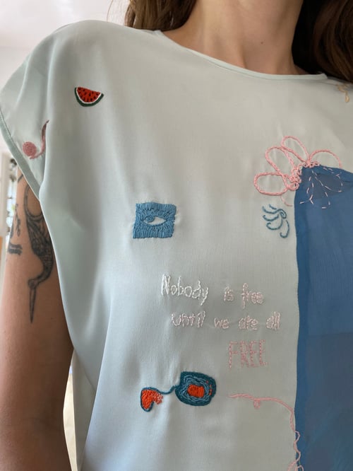 Image of Nobody is free until we are all FREE - upcycled, hand embroidered, one of a kind top