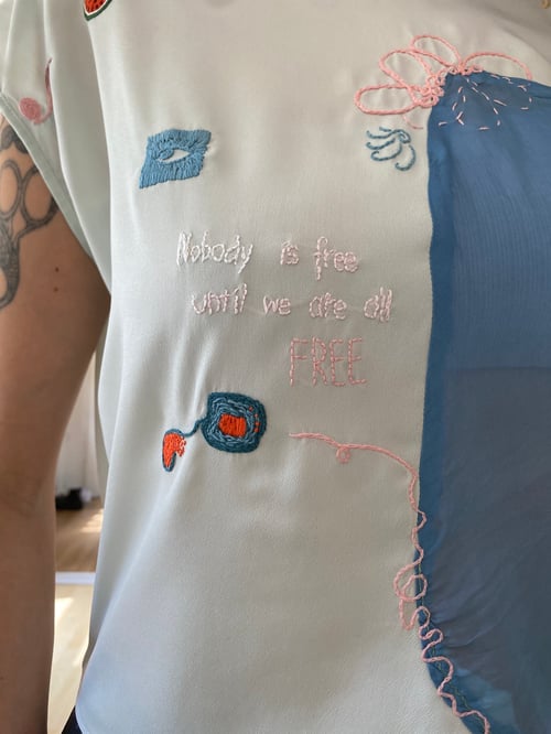 Image of Nobody is free until we are all FREE - upcycled, hand embroidered, one of a kind top