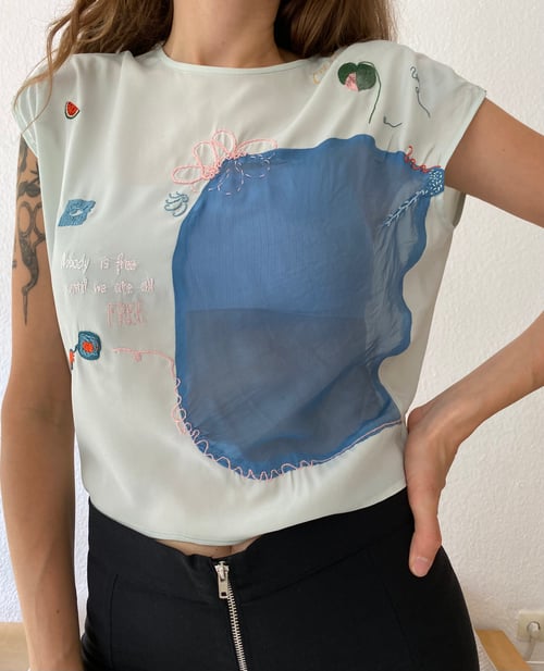 Image of Nobody is free until we are all FREE - upcycled, hand embroidered, one of a kind top