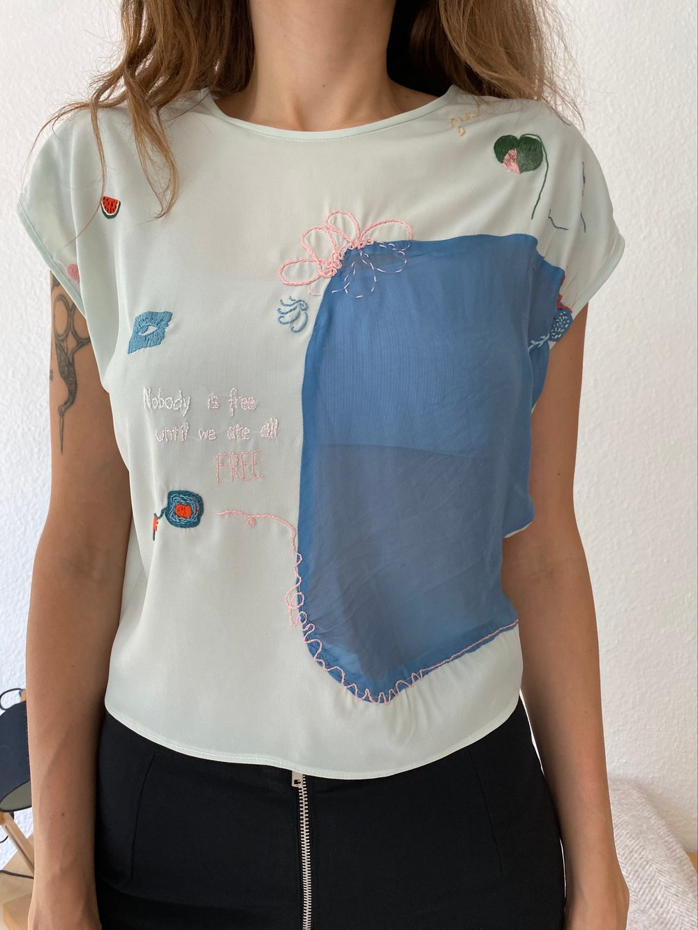 Image of Nobody is free until we are all FREE - upcycled, hand embroidered, one of a kind top