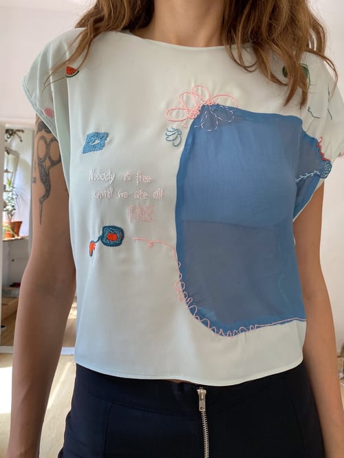 Image of Nobody is free until we are all FREE - upcycled, hand embroidered, one of a kind top