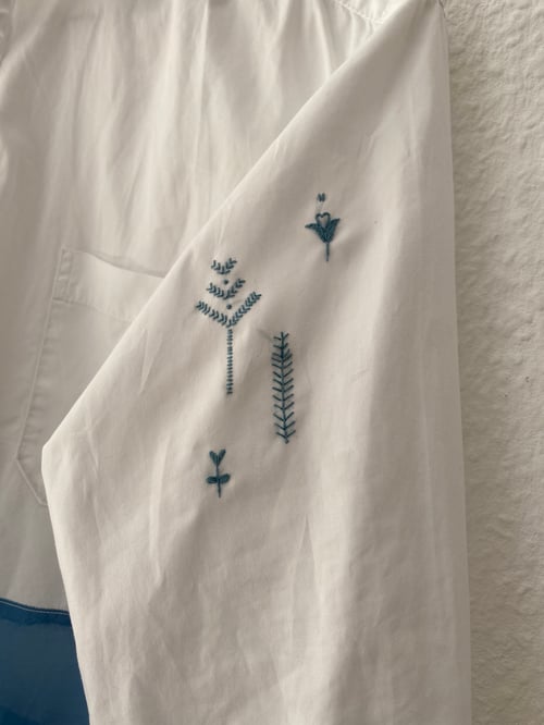 Image of Slavic symbols, upcycled shirt, 100% cotton + pure silk, one of a kind