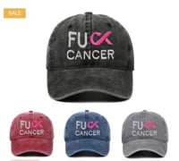 Image 1 of Embroidered F*CK CANCER Pink Ribbon Denim Baseball Cap, Breast Cancer Awareness Hat for Survivor