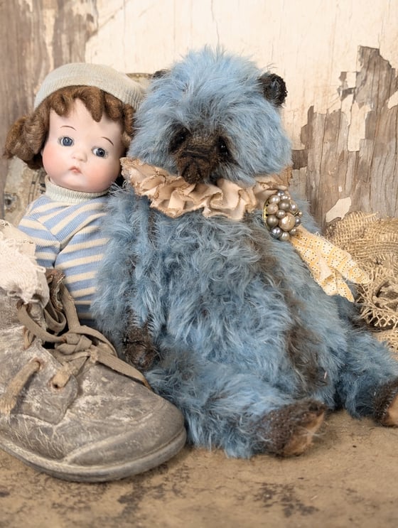 Image of 9"  Vintage style Blue MOHAIR fat Teddy Bear w/ antique brooch charm by whendi's bears