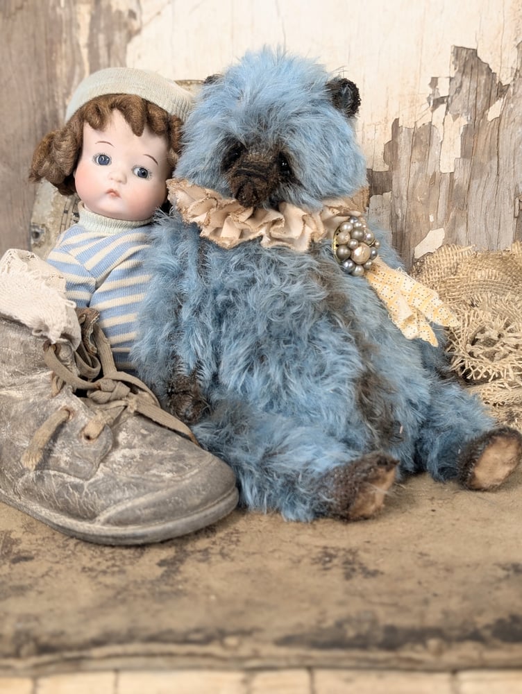 Image of 9"  Vintage style Blue MOHAIR fat Teddy Bear w/ antique brooch charm by whendi's bears