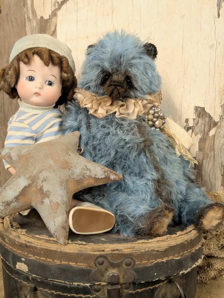 Image of 9"  Vintage style Blue MOHAIR fat Teddy Bear w/ antique brooch charm by whendi's bears