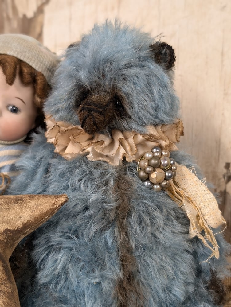 Image of 9"  Vintage style Blue MOHAIR fat Teddy Bear w/ antique brooch charm by whendi's bears