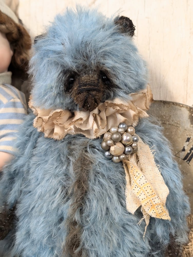 Image of 9"  Vintage style Blue MOHAIR fat Teddy Bear w/ antique brooch charm by whendi's bears