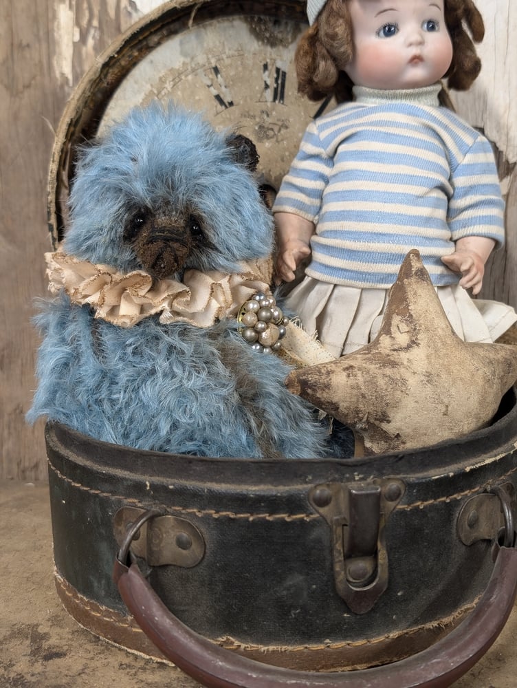 Image of 9"  Vintage style Blue MOHAIR fat Teddy Bear w/ antique brooch charm by whendi's bears