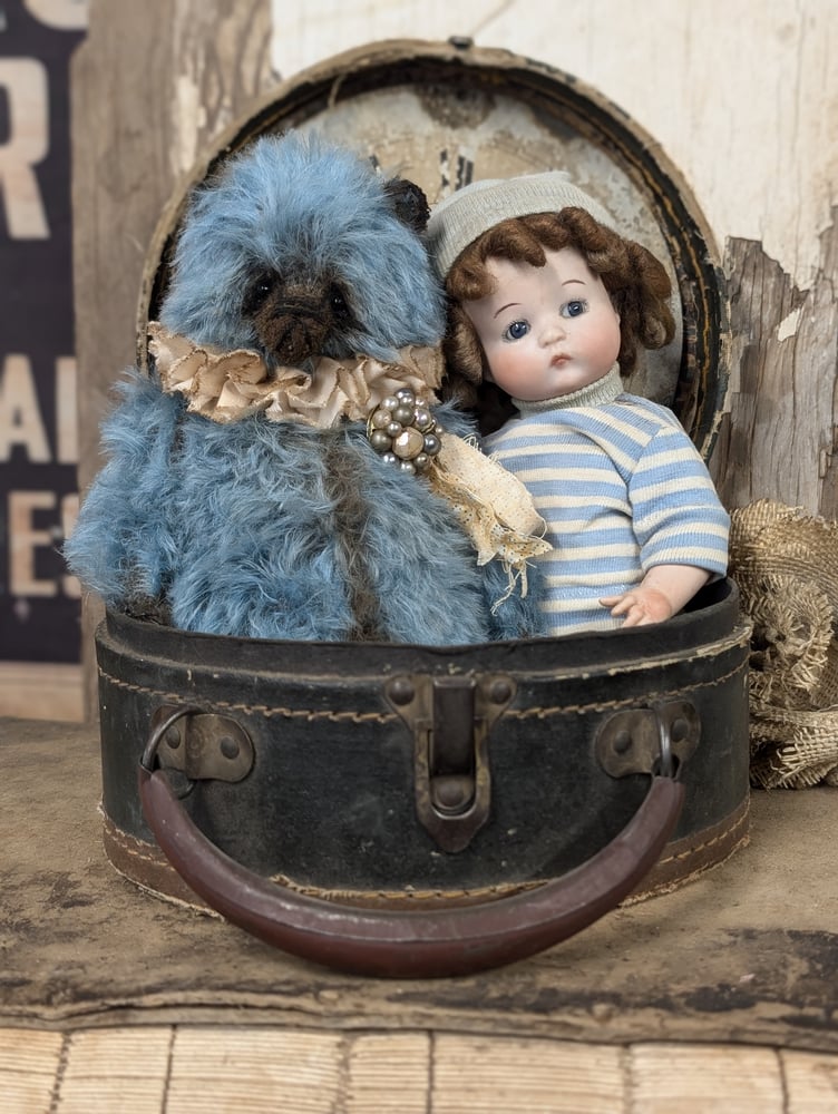 Image of 9"  Vintage style Blue MOHAIR fat Teddy Bear w/ antique brooch charm by whendi's bears