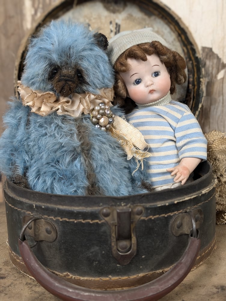 Image of 9"  Vintage style Blue MOHAIR fat Teddy Bear w/ antique brooch charm by whendi's bears