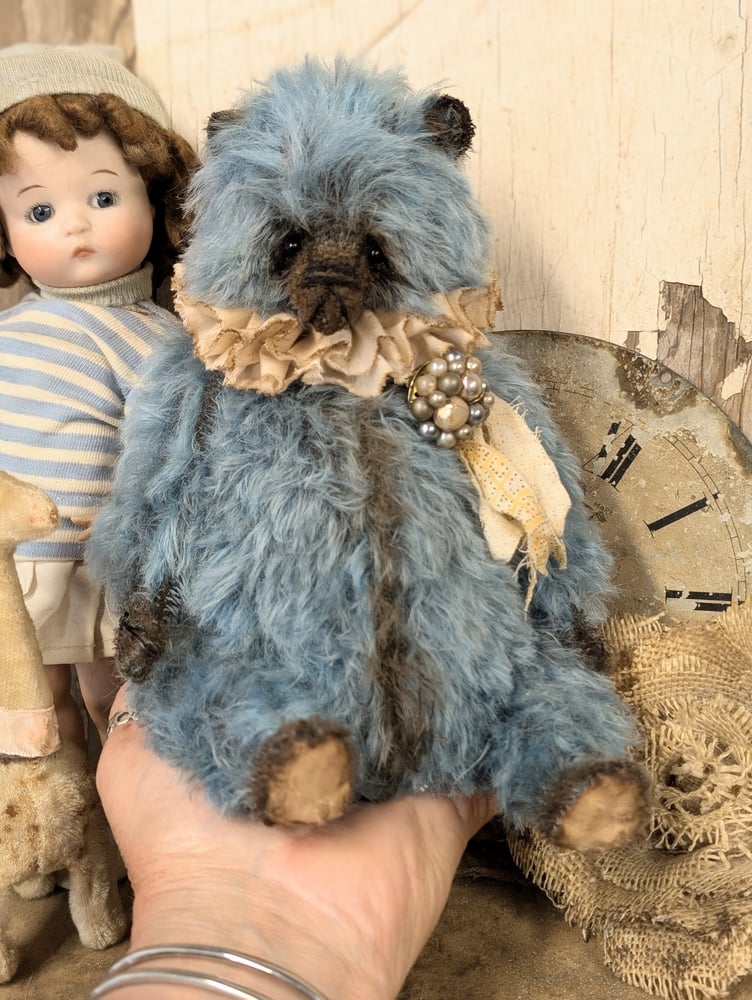 Image of 9"  Vintage style Blue MOHAIR fat Teddy Bear w/ antique brooch charm by whendi's bears