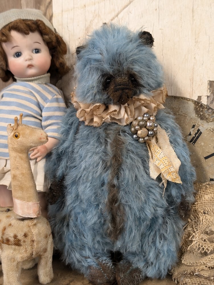 Image of 9"  Vintage style Blue MOHAIR fat Teddy Bear w/ antique brooch charm by whendi's bears