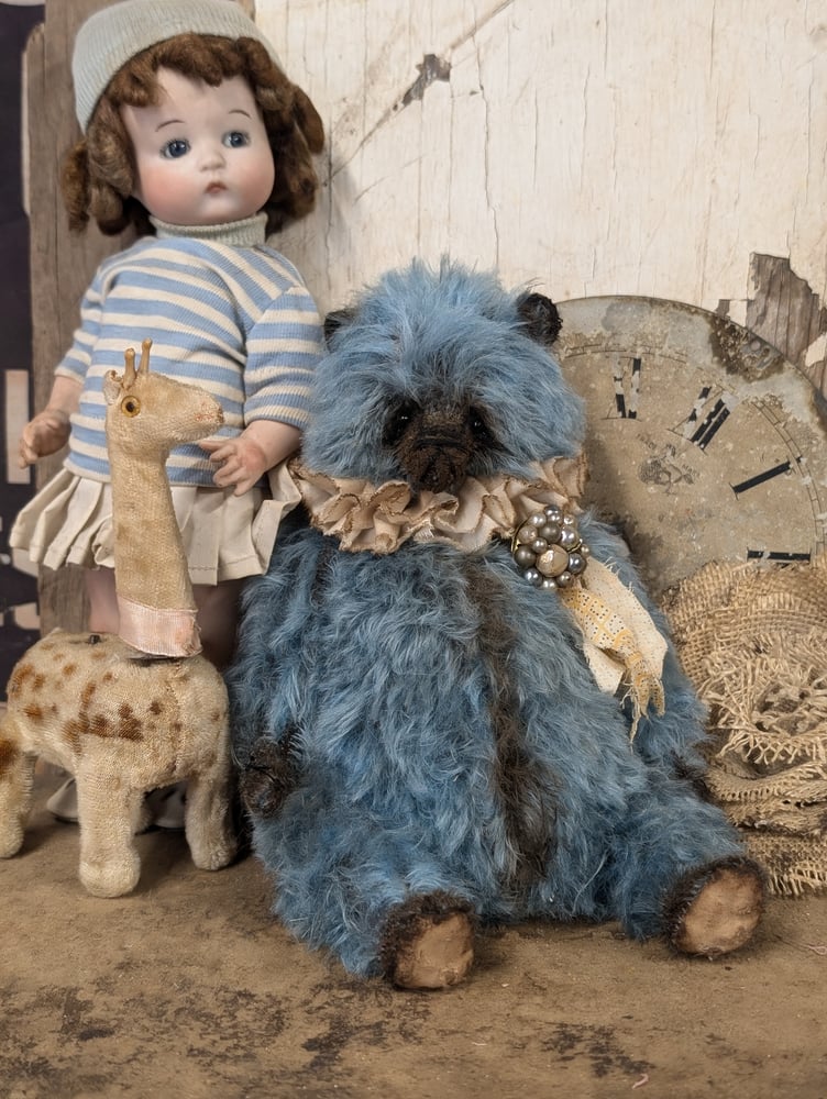 Image of 9"  Vintage style Blue MOHAIR fat Teddy Bear w/ antique brooch charm by whendi's bears