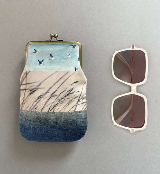 Image of Birds and reeds, printed velvet glasses case with kisslock frame