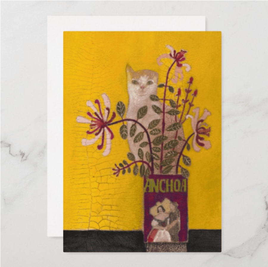 Image of Cat and Honeysuckle Greetings Card