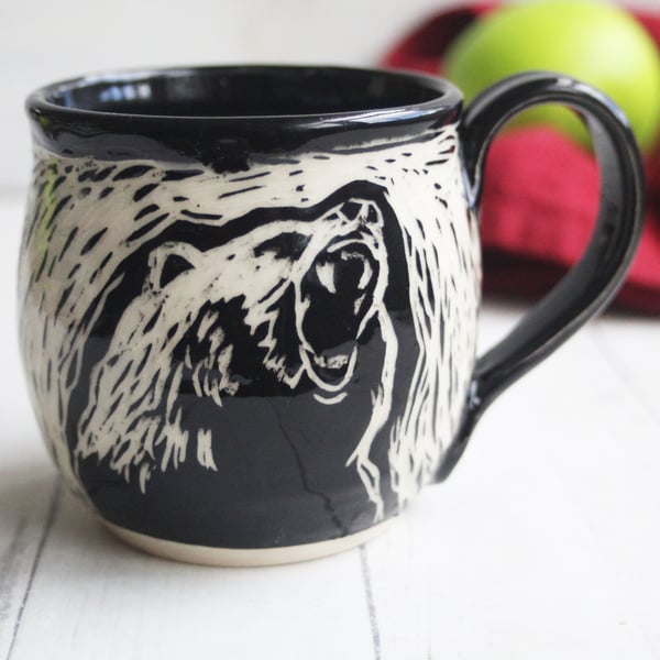 Image of Black Bear Sgraffito Mug, Beautiful Carved Bear Coffee Cup, 12 oz., Made in USA