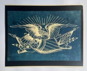 Image of antique vintage percy waters eagle shield cannon blue print tattoo flash 11x14 print