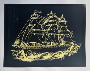 Image of antique vintage percy waters clipper ship nautical detroit blue print tattoo flash 11x14 print