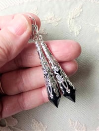 Image 2 of Vamp Ornate Pointed Earrings, Black & Silver, Pierced or Clip On 