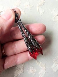 Image 2 of Vamp Ornate Pointed Earrings, Red & Gunmetal, Pierced or Clip On 