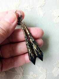 Image 2 of Vamp Ornate Pointed Earrings, Black & Antique Bronze, Pierced or Clip On 