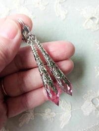 Image 2 of Vamp Ornate Pointed Earrings, Rose Pink & Antique Silver, Pierced or Clip On