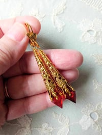 Image 2 of Vamp Ornate Pointed Earrings, Red & Antique Gold, Pierced or Clip On