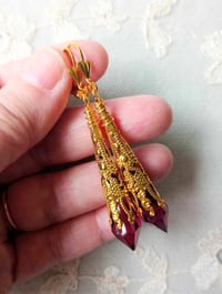 Image 2 of Vamp Ornate Pointed Earrings, Cerise & Antique Gold, Pierced or Clip On