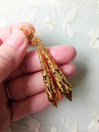 Image 2 of Vamp Ornate Pointed Earrings, Olive & Antique Gold, Pierced or Clip On