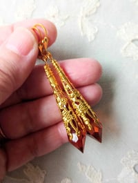 Image 2 of Vamp Ornate Pointed Earrings, Brown & Antique Gold, Pierced or Clip On