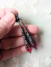 Medieval Pointed Pendulum Earrings, Cerise & Antique Copper, Pierced or Clip On 