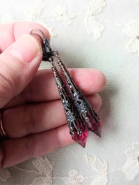 Image 2 of Vamp Ornate Pointed Earrings, Cerise & Antique Copper, Pierced or Clip On 
