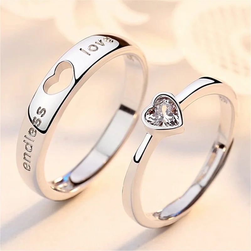 Image of 2Pcs/sets Zircon Heart Matching Couple Rings Set Forever Endless Love 
