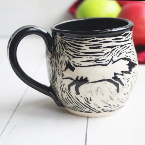 Image of Handmade Fox Sgraffito Mug, 12 oz., Hand Carved Fox Design, Artful Coffee Cup Ready to Ship Made in 