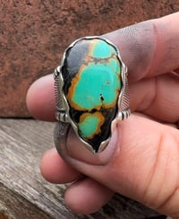 Image 4 of WL&A Handmade Heavy Ingot Gem Grade Tear Black Jack Turquoise Sunrise Ring - Size 8.5