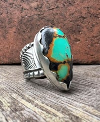 Image 1 of WL&A Handmade Heavy Ingot Gem Grade Tear Black Jack Turquoise Sunrise Ring - Size 8.5