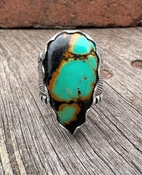 Image 3 of WL&A Handmade Heavy Ingot Gem Grade Tear Black Jack Turquoise Sunrise Ring - Size 8.5