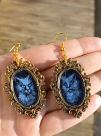 Image 1 of Hand Painted Picture Frame "Bluestar" Cat Earrings One Of A Kind Light Weight Hypoallergic