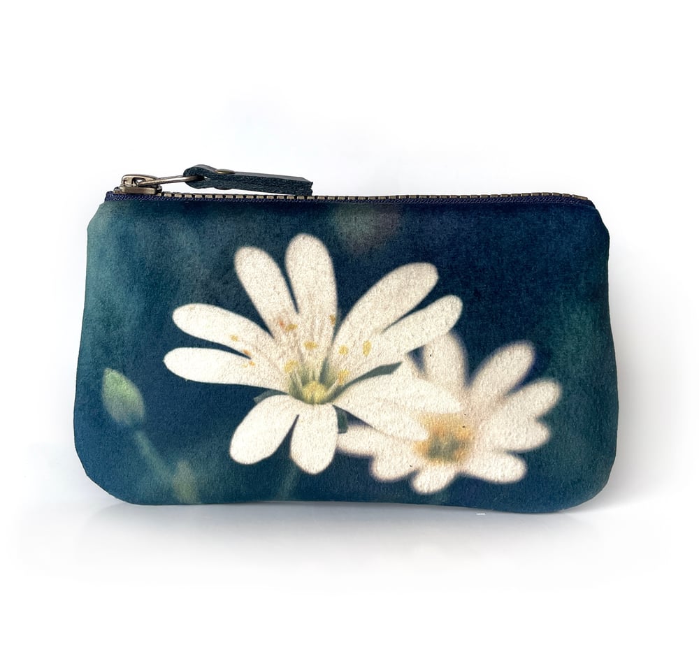 Image of Stitchwort flower, printed velvet zipper pouch
