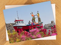 Aldeburgh Greeting Card. 'Spring Tide' Fishing Boat on Aldeburgh Beach. Suffolk Coast 