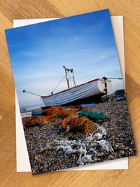 Aldeburgh Greeting Card. Silver Spray Fishing Boat on Aldeburgh Beach.