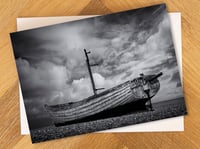 Aldeburgh Greeting Card. Two Belles Fishing Boat on Aldeburgh Beach. Suffolk Coast