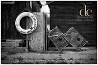 Aldeburgh Print. Lifebuoy and Lobster Pots on Aldeburgh Beach