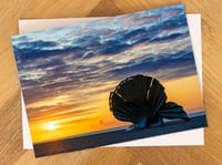 Aldeburgh Greeting Card. The Scallop on Aldeburgh beach at sunrise. 