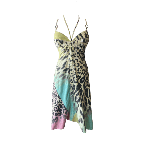 Image of RARE ROBERTO CAVALLI RAINBOW COTTON LEOPARD MIDI DRESS