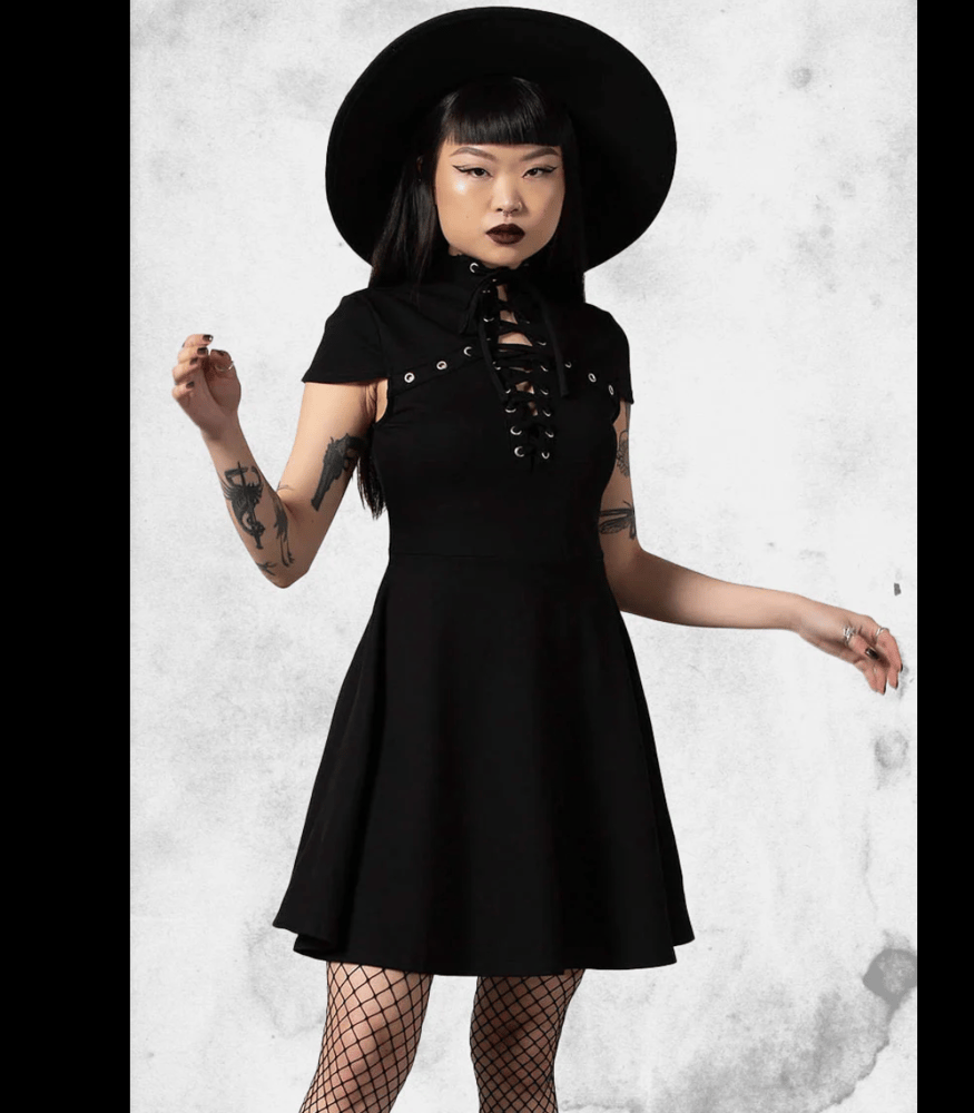 Image of lace up cape dress