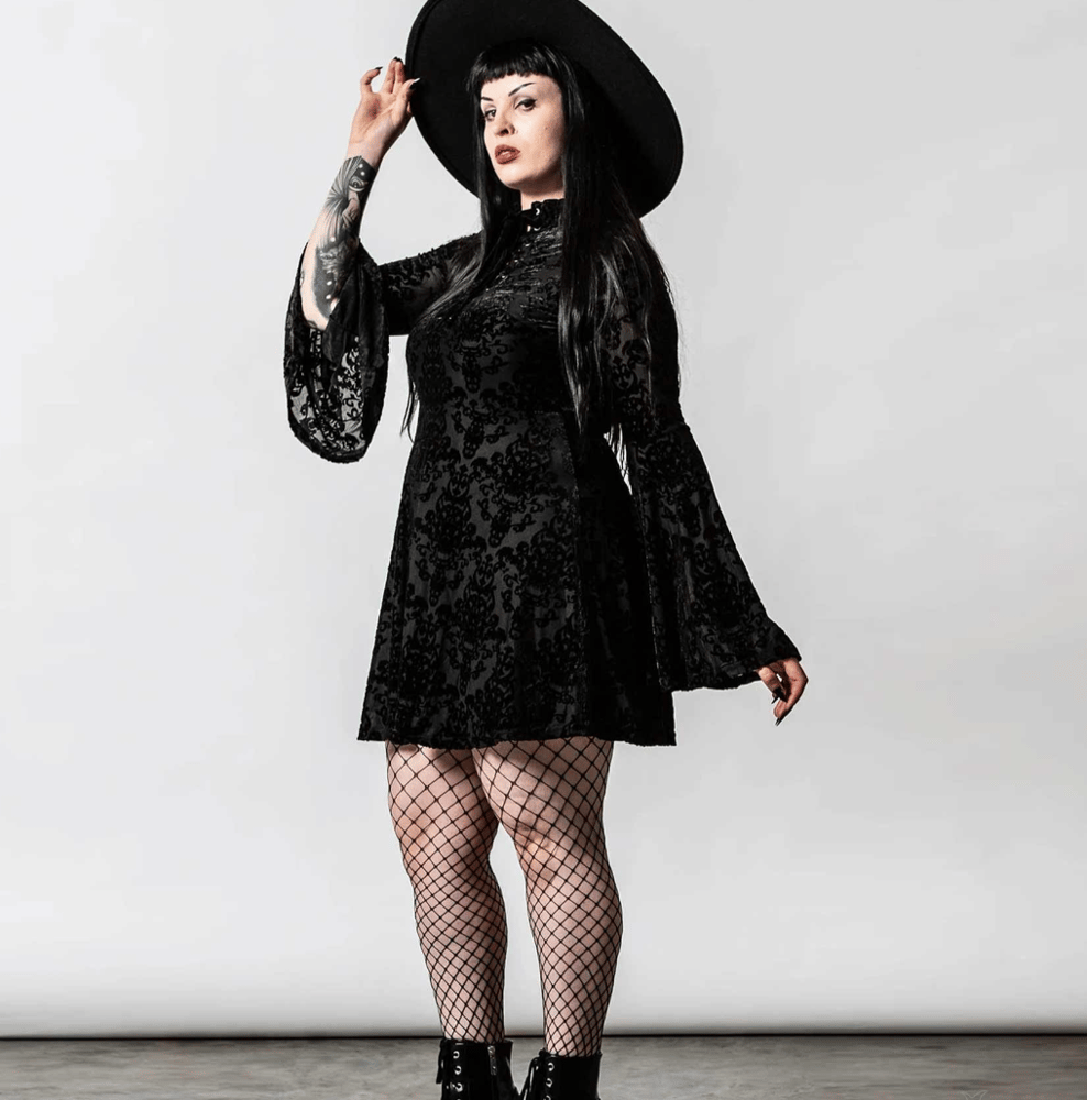 Image of velvet fillagree bell sleeve dress